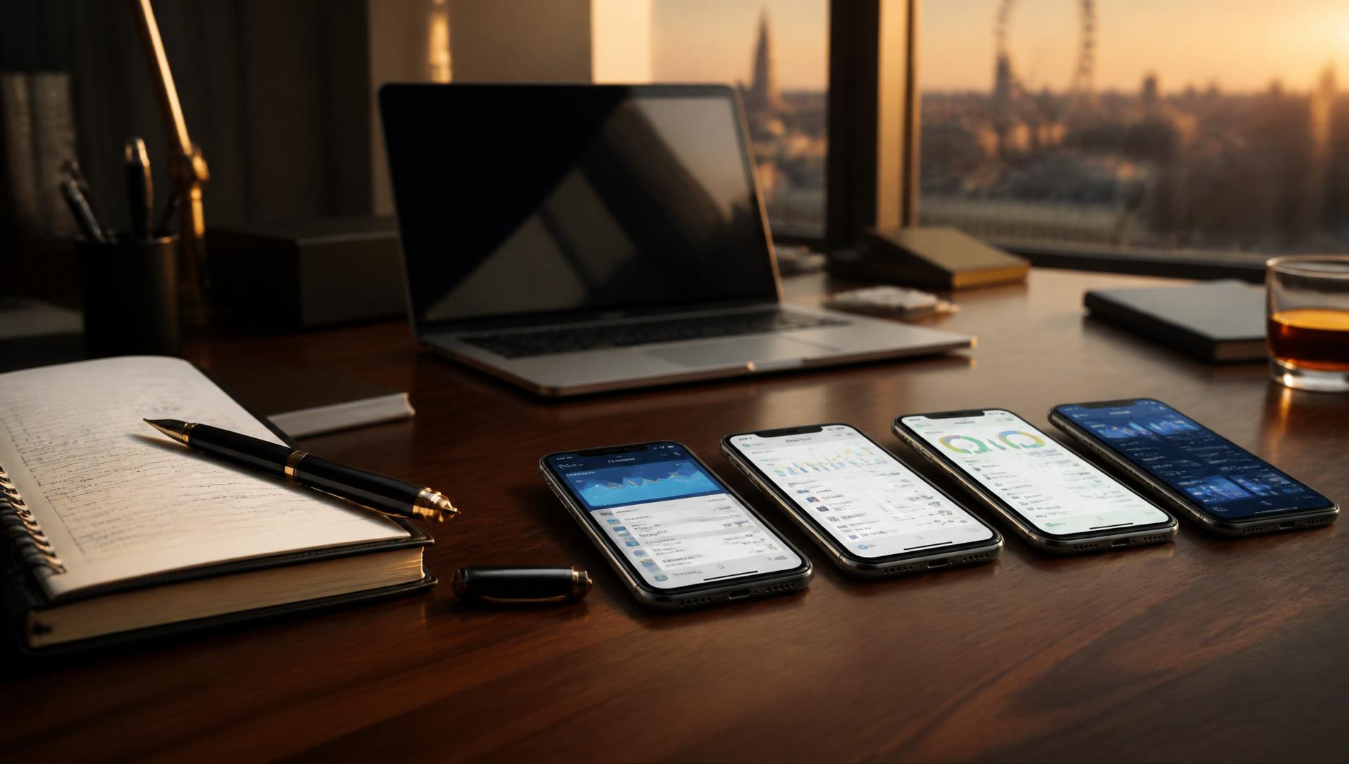 Four smartphones displaying UK business banking dashboards, a fountain pen, notebook and MacBook on a walnut desk in a London office at golden hour