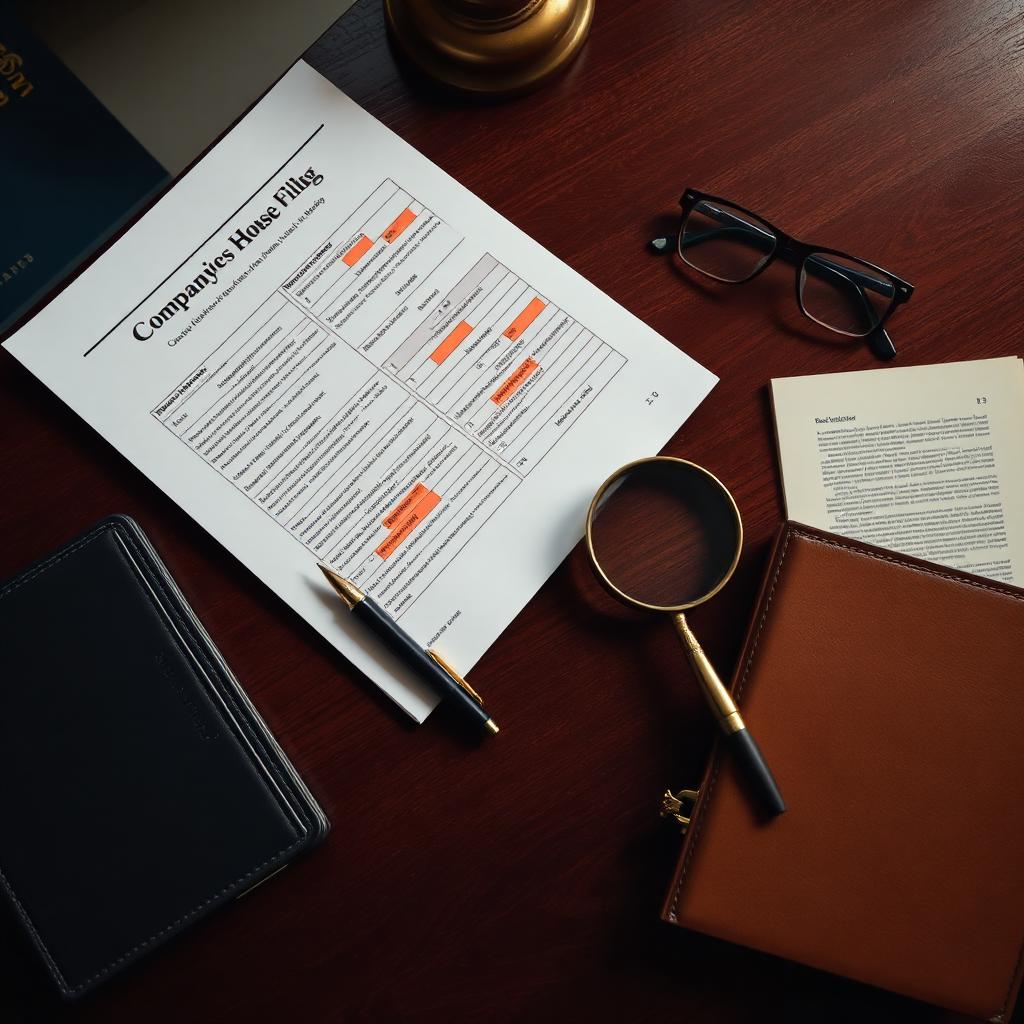 A printed Companies House filing on a mahogany desk, being reviewed by an advisor with a magnifying glass, fountain pen and leather notebook in warm editorial light