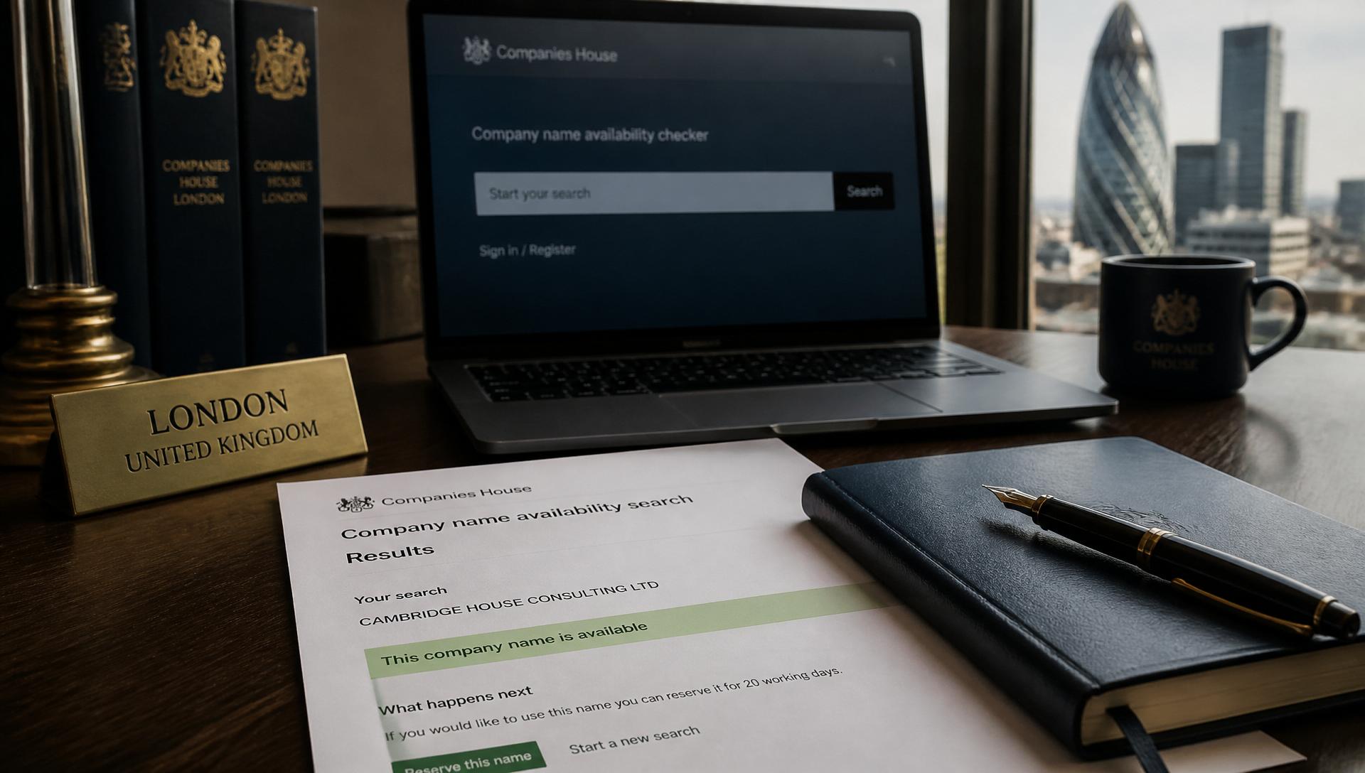 Companies House company name availability search on a London desk with fountain pen, leather notebook and brass London nameplate