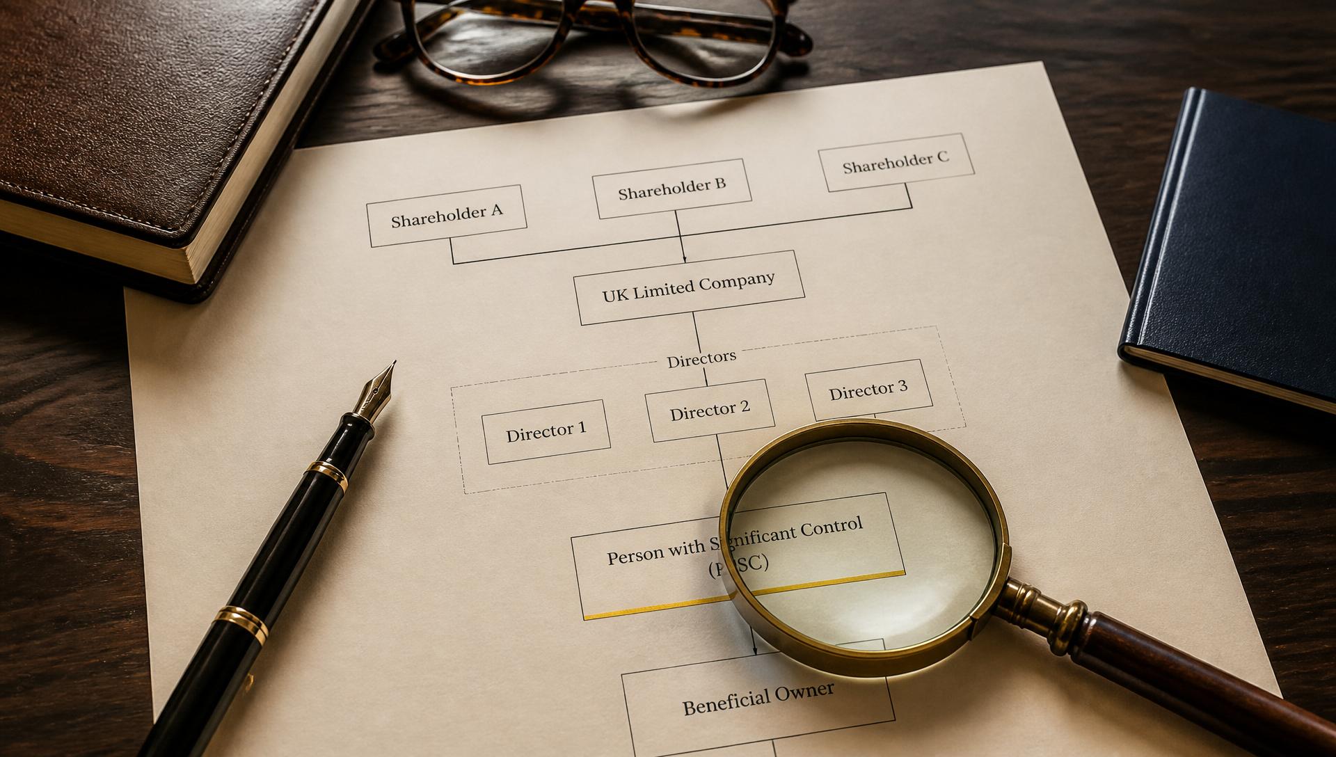 Corporate governance diagram showing a UK Limited Company ownership structure with a highlighted Person with Significant Control box on a walnut desk
