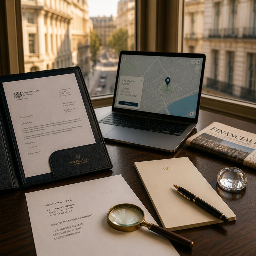 London advisor's walnut desk in golden hour light: an open leather portfolio with a Companies House letter, a MacBook showing a City of London map pin, a fountain pen on a corporate document listing 'Registered Office' and 'Director's Service Address', a folded Financial Times and a brass magnifying glass.