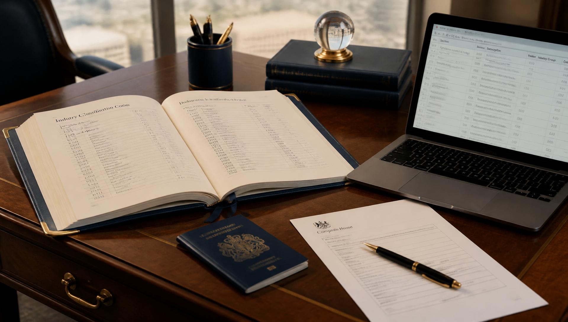 Open industry classification directory of numeric SIC codes beside a Companies House form, closed navy passport and MacBook on a walnut executive desk in a London office