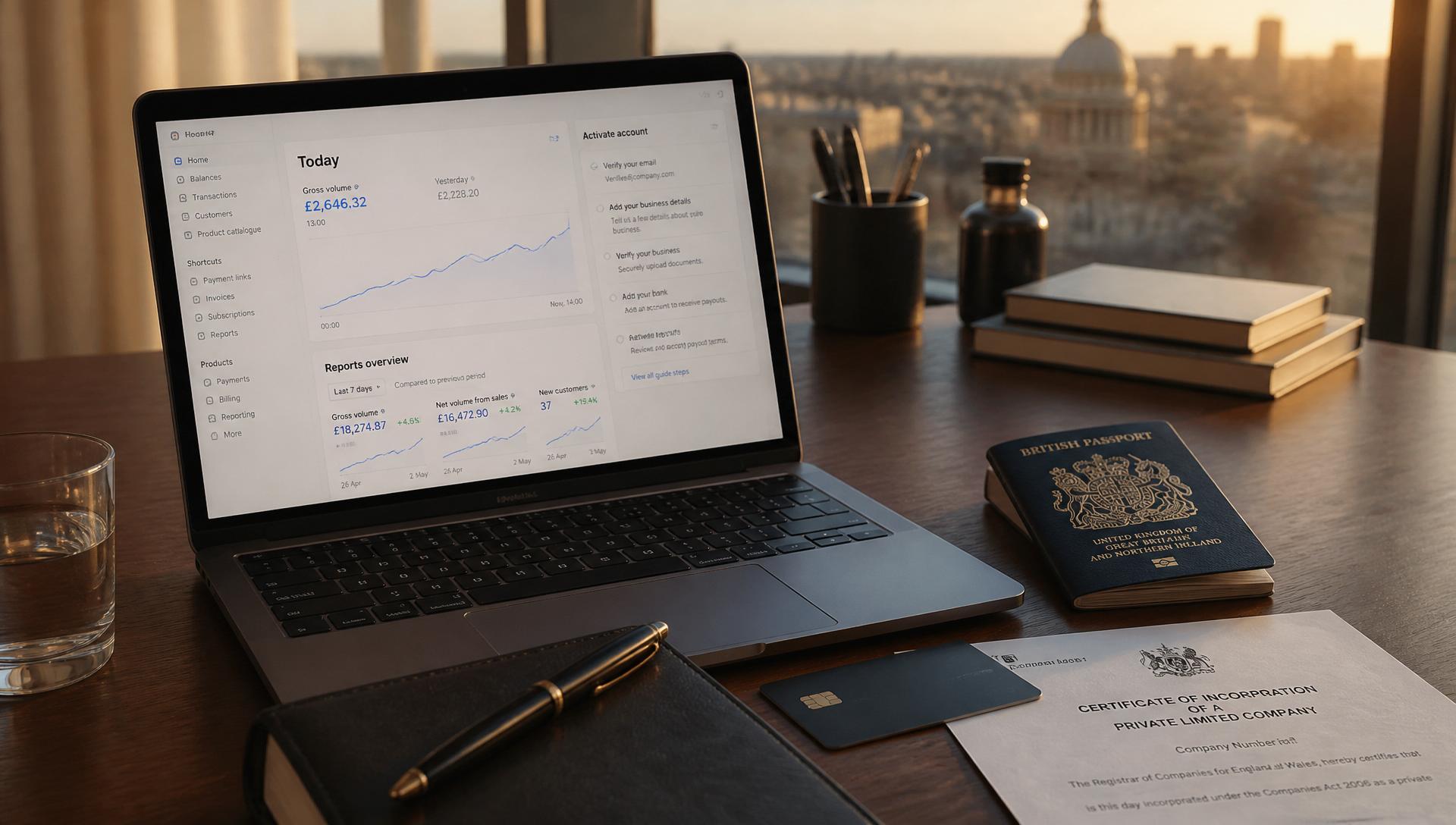 A MacBook showing a payments dashboard with an activation checklist, a UK passport, a matte black business debit card, a Montblanc pen on a leather notebook and a printed Certificate of Incorporation on a walnut desk in a London office at golden hour