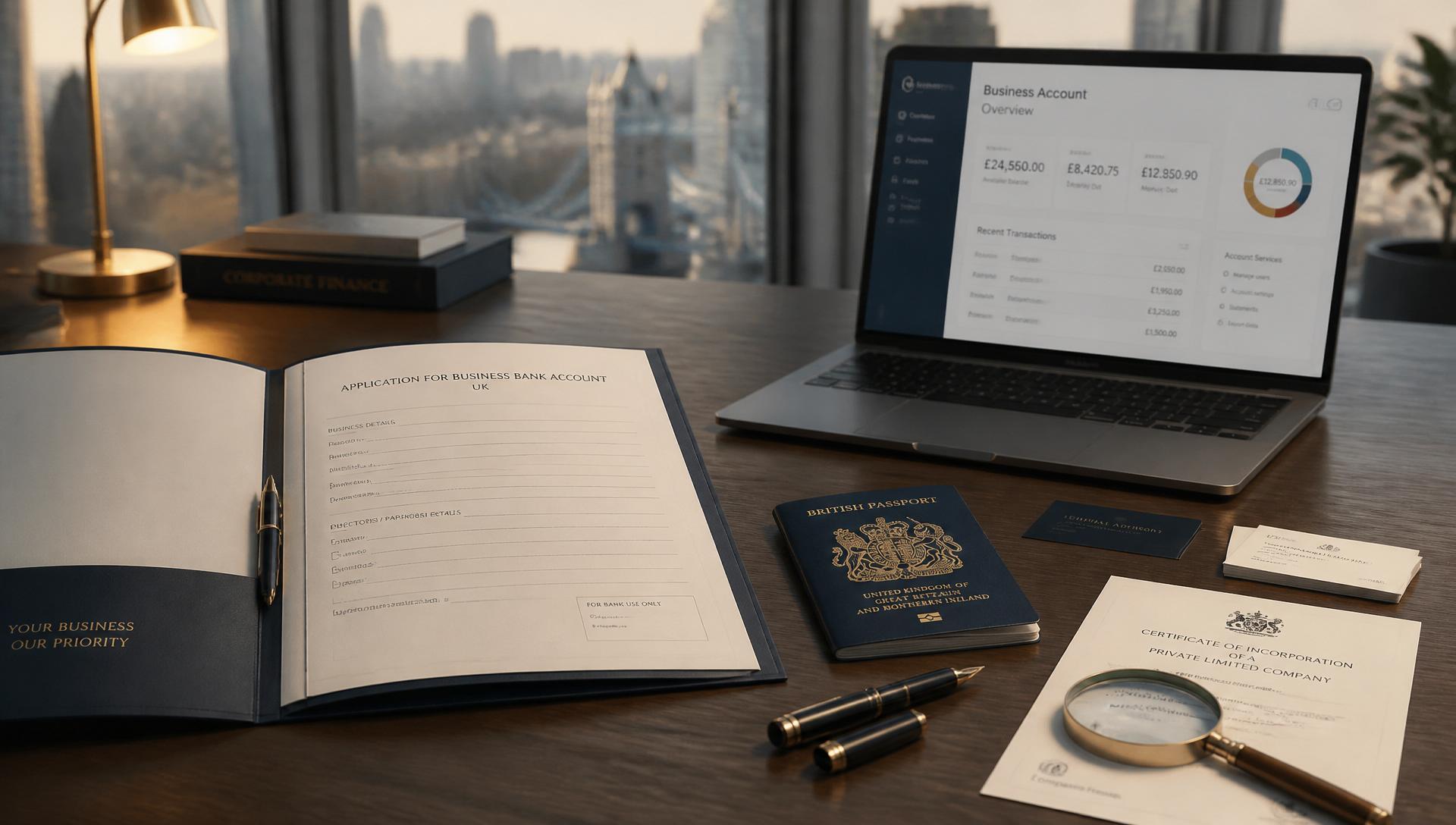 Open UK business bank account application folder next to a closed navy passport, fountain pen, MacBook showing a business account dashboard and a Companies House certificate of incorporation on a walnut desk in a London office at golden hour