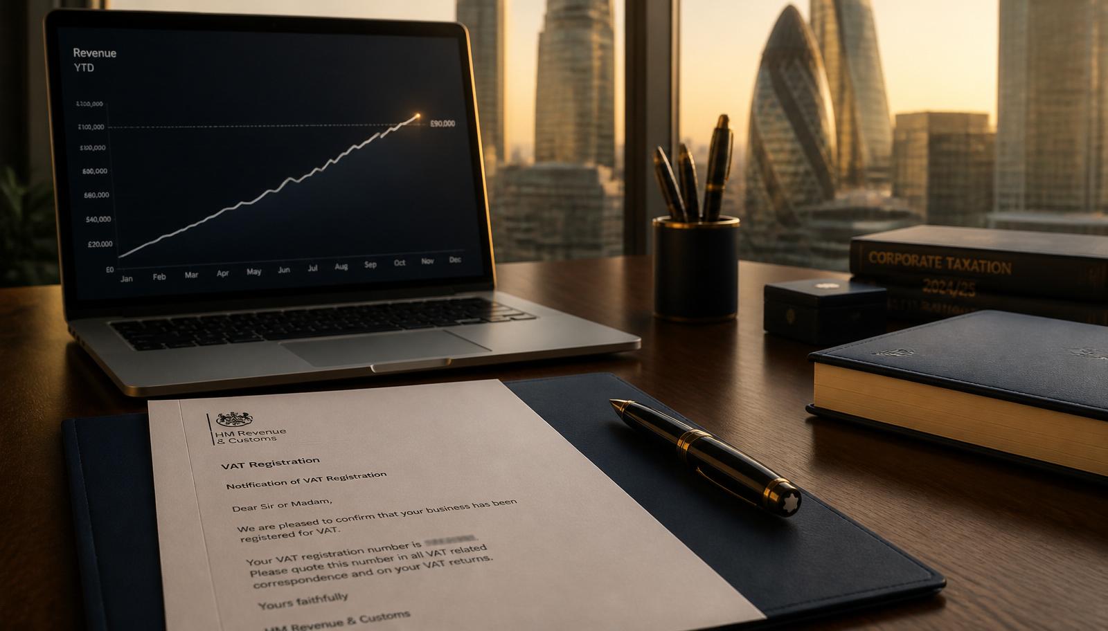 An HMRC VAT registration threshold document on a walnut desk beside a fountain pen, brass calendar and leather notebook — a London office at golden hour